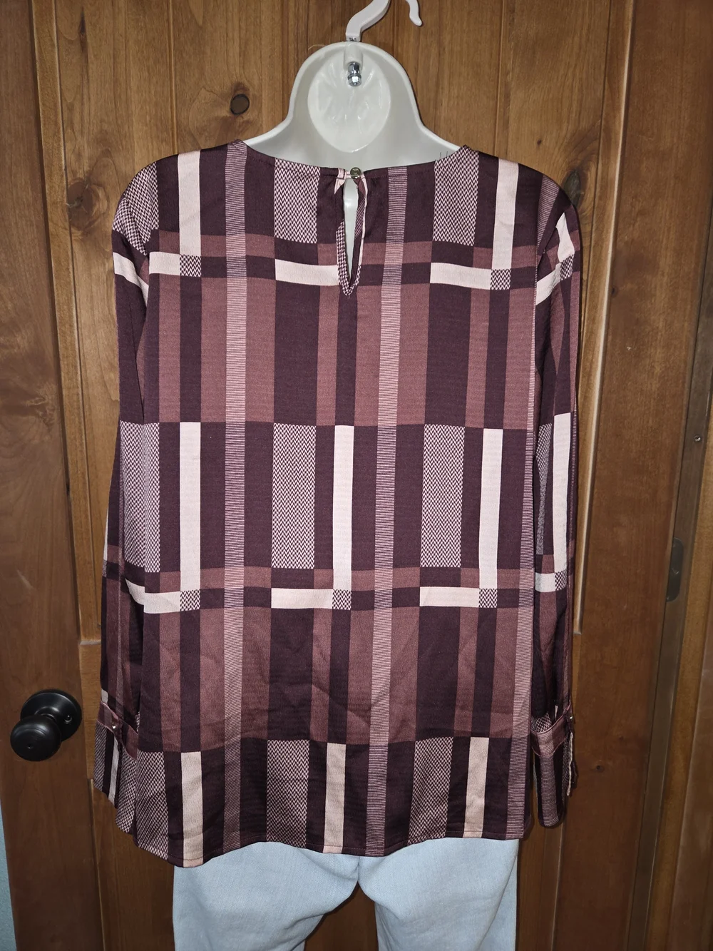 Liz Claiborne Burgundy and Blush Plaid‎ Long-Sleeve Blouse